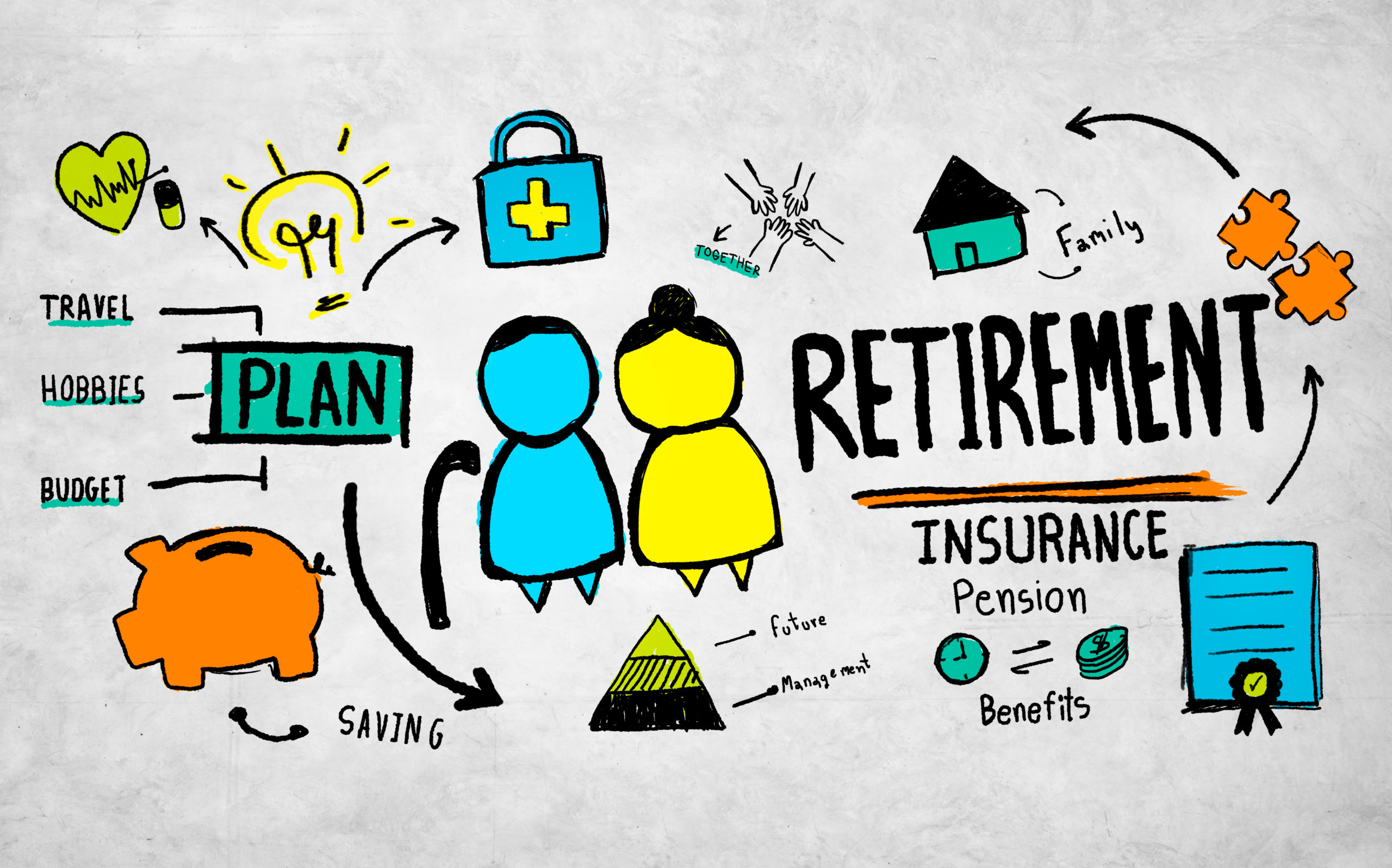 retirement collage of graphics, words